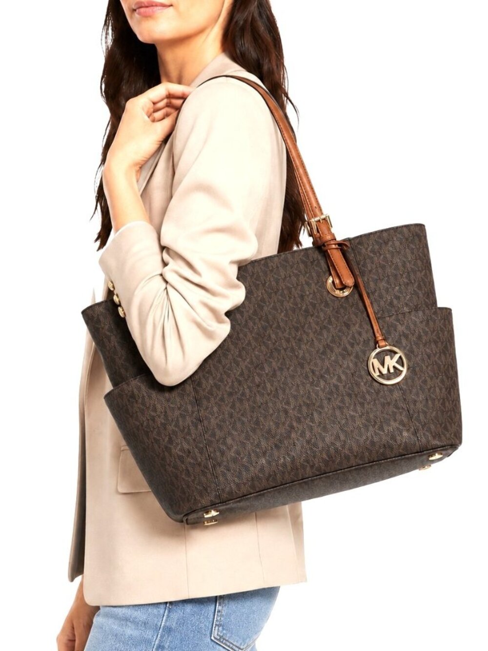 Michael Kors Bag Jet Set Brown Signature MK Logo Tote Charm Preppy Heritage Chic